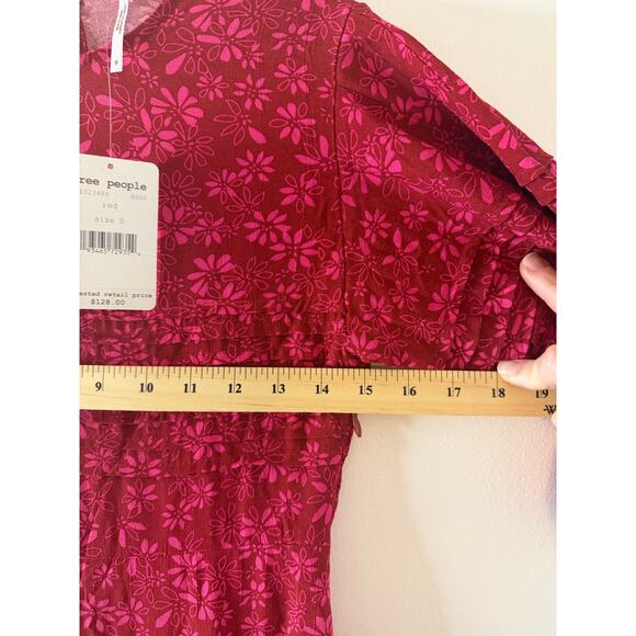 NWT Free People Jessie Red Floral Puff Sleeve Cottagecore Prairie Midi Dress 0 - Picture 8 of 8